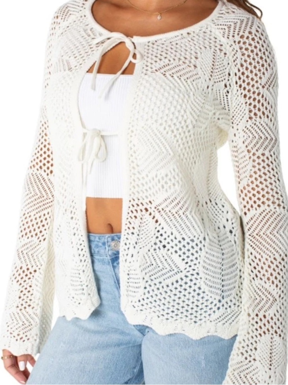 Celebrity Pink Cream Crochet Tie Front Cardigan Boho Knit Crochet Size Medium